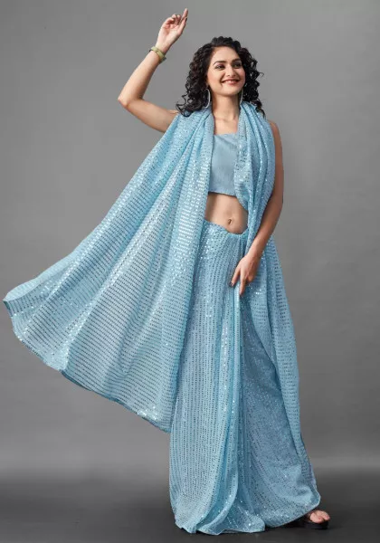Sequins Saree for Party Wear with Georgette fabric in Sky Blue Color