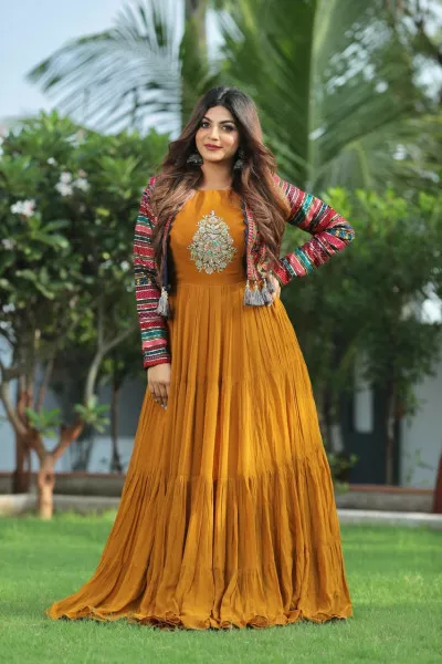 Mustard Heavy Ruffle Gown with Koti for Bridal in Georgette