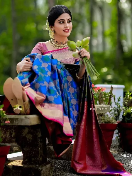 Blue Color Kanchipuram Soft Lichi Silk Saree Bold and Beautiful Saree With Weaving Silk Exclusive Indian Wedding Saree South Silk Saree