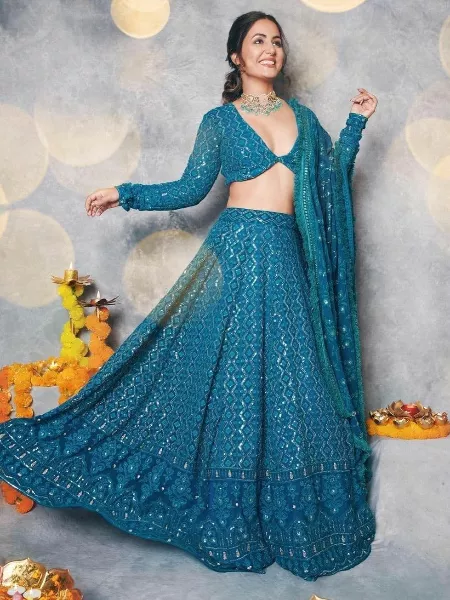Heena Khan Blue Sequence Lehenga Choli for Function and Parties
