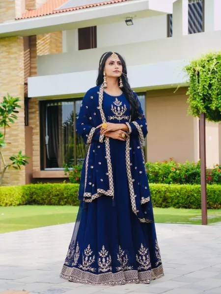 Royal Blue Partywear Embroidery With Embellished Georgette Gown