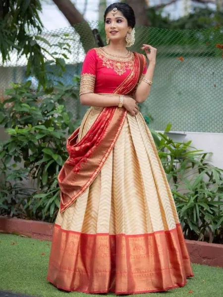Cream Color Kanjivaram Silk Zari Half Saree Lehenga Choli Wedding And Party Wear