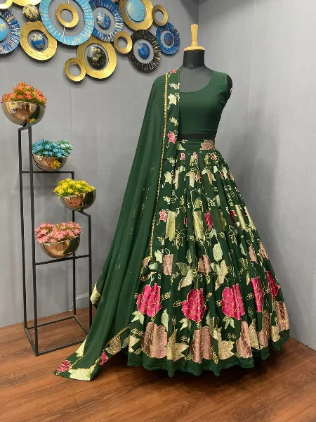 Green Georgette Lehenga Choli with Embroidery and Sequence Work Indian Ethnic Wear