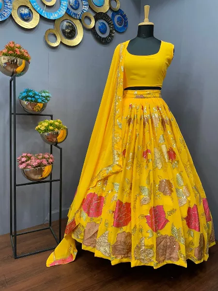 Yellow Georgette Lehenga Choli With Embroidery and Sequence Work Indian Ethnic Wear