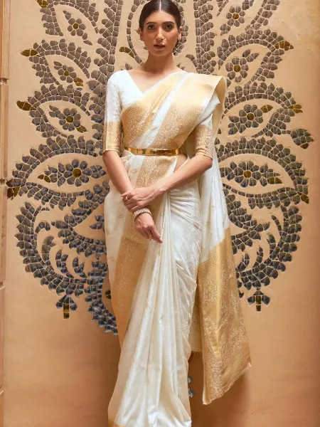 White Soft Kanjivaram Pattu Jacquard Silk Saree with Blouse