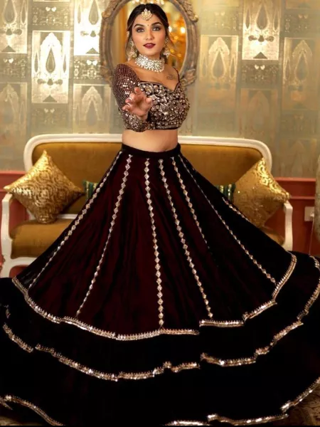 Wine Color Viscos Velvet Lehenga Choli with Dupatta and Blouse Heavy Sequence Work