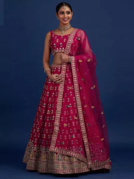 Pink Bridal Lehenga Choli with Heavy Embroidery Sequence Work and Dupatta