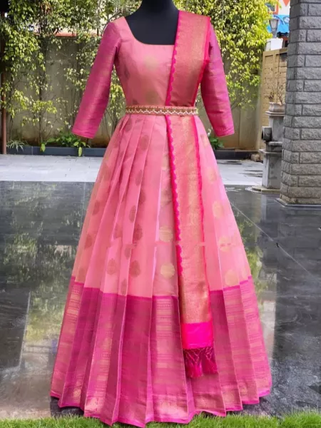 Pink Banarasi Weaving Zari Work Designer Gown with Dupatta