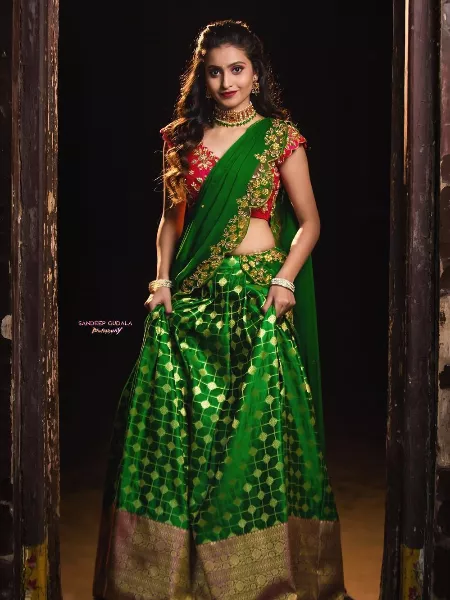 Green Color Half Saree Lehenga with Red Blouse and Dupatta South India Designer