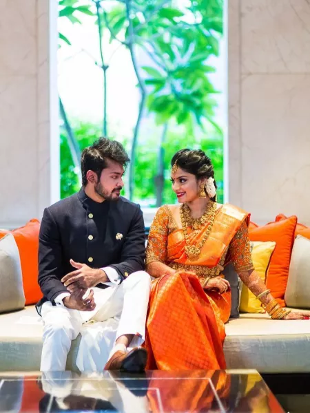 Orange Silk Saree in Lichi Silk Fabric for Wedding with Contrast Brocade Blouse