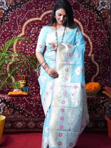 Sky Blue Cotton Linen Saree with Designer Blouse