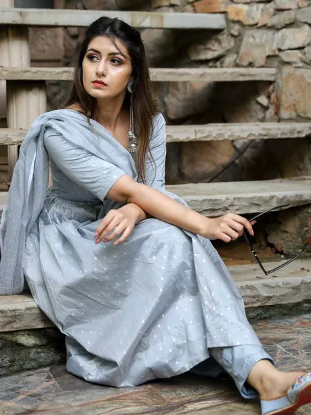 Grey Salwar Suit in Jacquard Butti Work with Dupatta and Unstitch Bottom