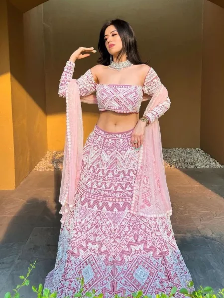 Pink Color Indian Lehengas with Soft Net and Embroidery Work