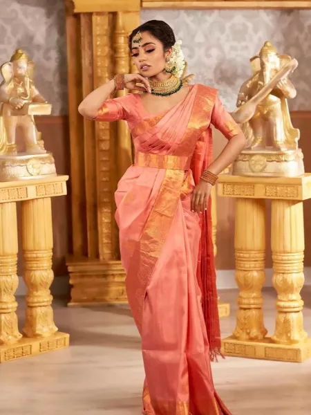 Peach Color Kanchipuram Saree for Traditional Wear in Wedding and Function