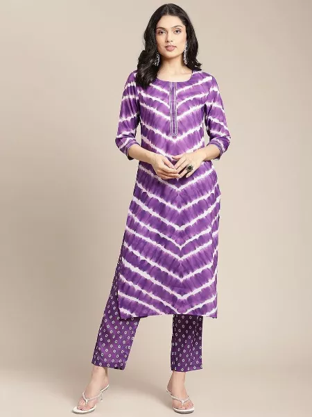 Purple Color Kurti in Rayon Digital Print Stripe Pattern with Pant