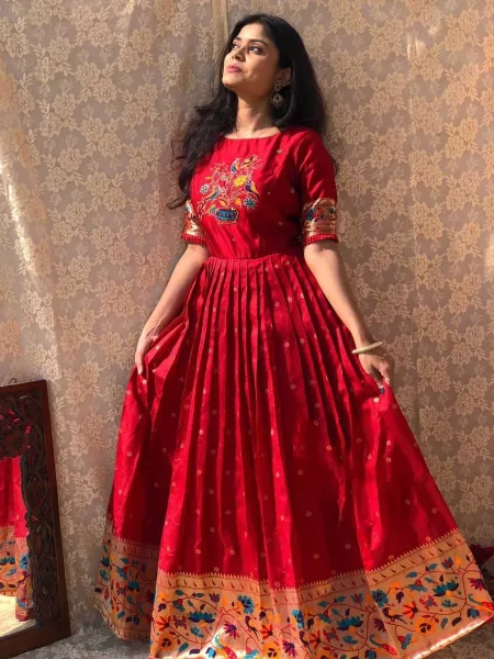 Red Banarasi Silk Party Wear Gown with Jacquard Weaving Zari Work