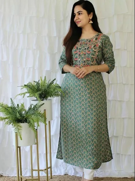 Pista Green Kurti with Pant Set in Rayon With Print and Embroidery Work