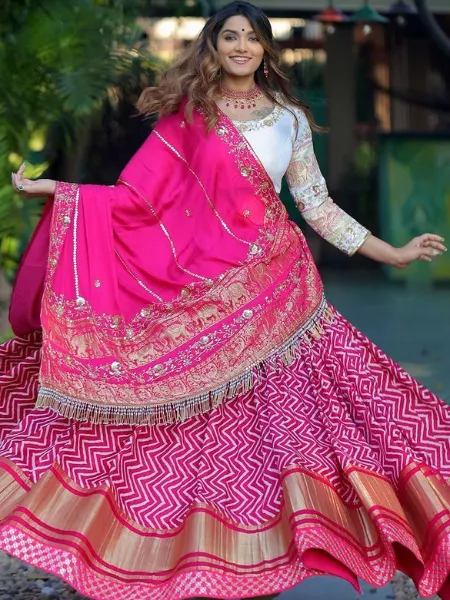 Pink Color Butter Silk Lehenga Choli for Navaratri with Real Mirror Work and Blouse