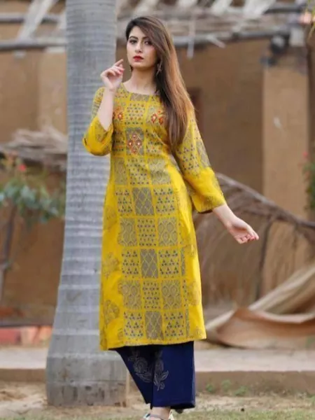 Yellow Kurta Pajama Set with Beautiful Katha Handwork and Digital Print