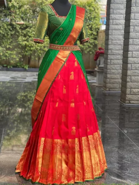 Red Color Kanjivaram Silk Half Saree Lehenga Choli With Blouse and Dupatta