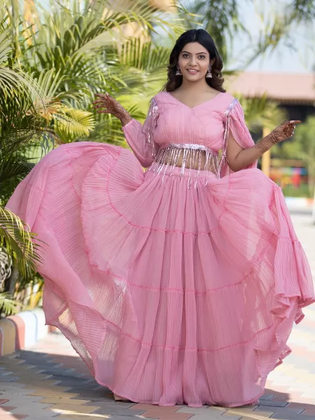 Pink Fashionable Readymade Lehenga Choli with Sequence Work and 11 Meter Flair