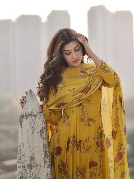 Yellow Designer Salwar Suit with Digital Flower Print and Dupatta