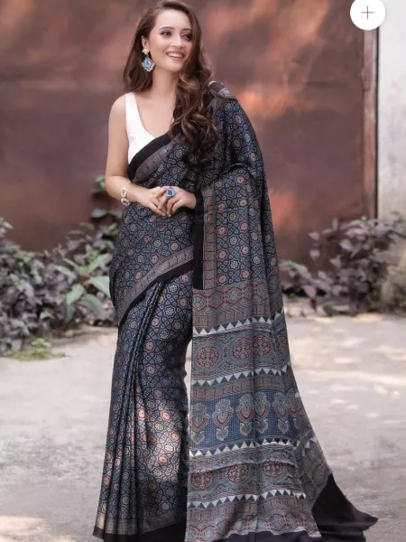 Black Soft Cotton Handloom Silk Saree with Ajrakh Print Rich Contrast Pallu