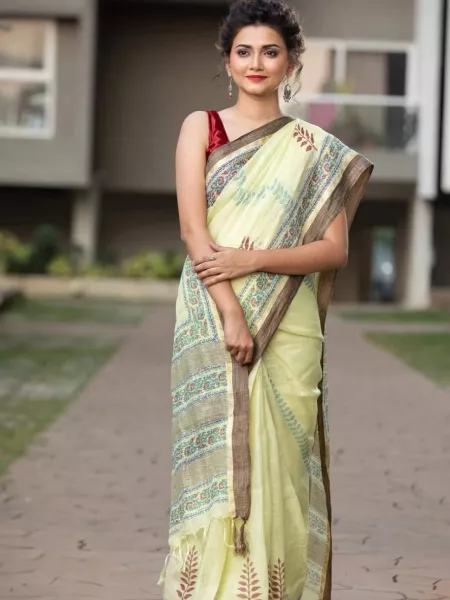 Cream Soft Cotton Saree with Ajrakh Print for Indian Festival Wear