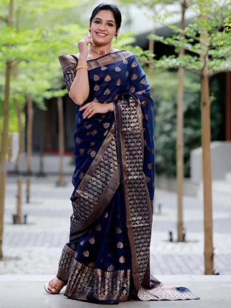 Navy Blue Lichi Silk Saree With Jacquard Weaving and Blouse Indian Saree Shop