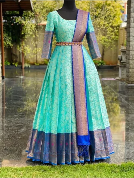 Sky Blue Indian Wedding Gown with Heavy Jacquard Pure Zari Work and Dupatta
