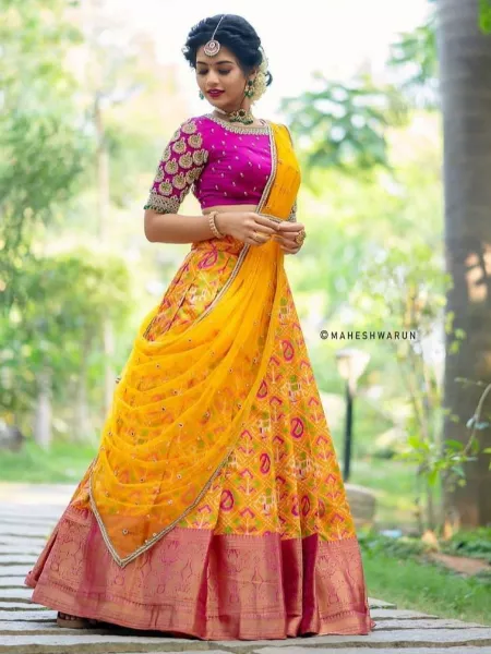 Yellow Kanchipuram Half Saree Lehenga Choli South Indian with Readymade Blouse