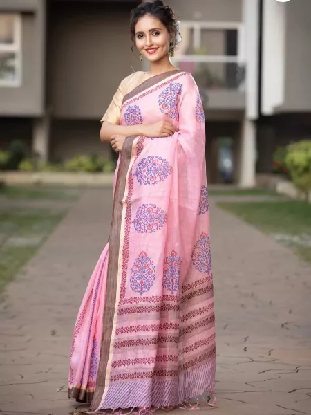 Pink Soft Cotton Handloom Silk Saree with Ajrakh Print Rich Contrast Pallu