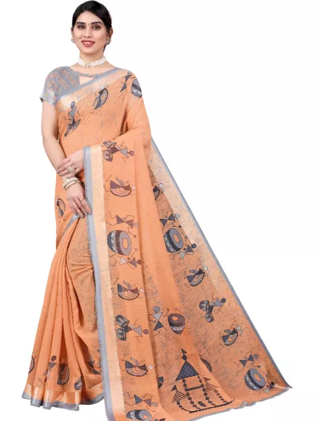 Orange Color Soft Linen Saree with Digital Print and Designer Un Stitched Blouse