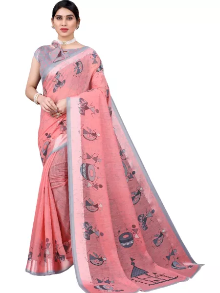 Pink Color Soft Linen Saree with Digital Print and Designer Un Stitched Blouse