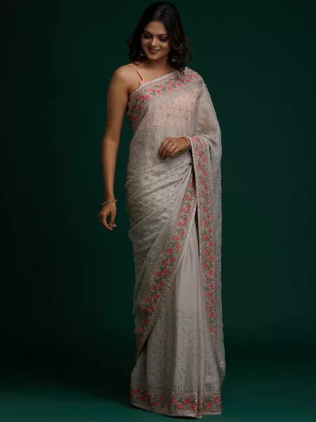 Heavy Indian Bridal Saree in Grey Georgette With Cross Threads Work Diamonds