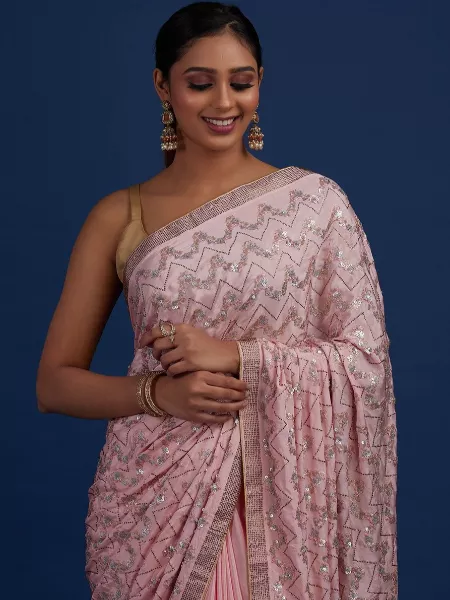 Pink Soft Silk Saree With Thread & Dual Sequence and Swarovski Diamond Work