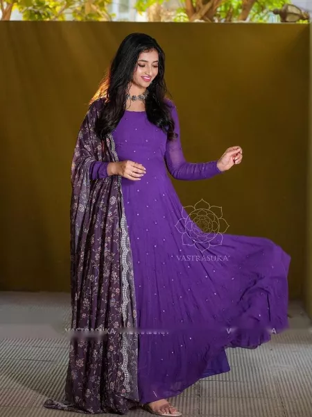 Purple Color Party Wear Gown With Digital Print Dupatta Indian Designer Clothes