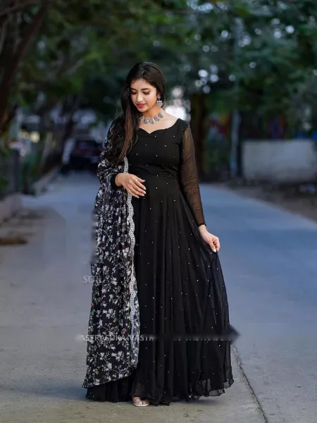 Black Color Party Wear Gown With Digital Print Dupatta Indian Designer Clothes