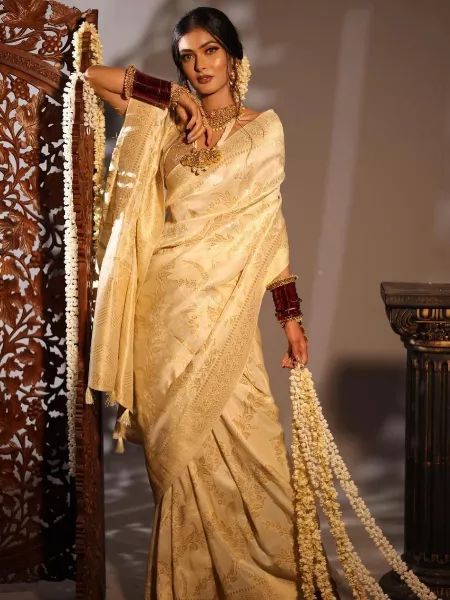 White Soft Lichi Silk Indian Wedding Saree With Jacquard Work and Border