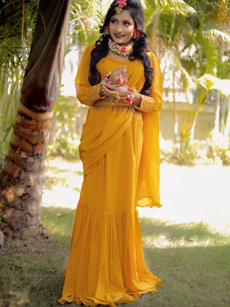 Yellow Ready to Wear Saree for Wedding and Haldi Ceremony Indian Readymade Saree