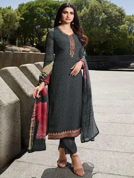 Prachi Desai Bollywood Salwar Suit in Grey Multi Thread Zari Embroidery and Stone Work With Dupatta