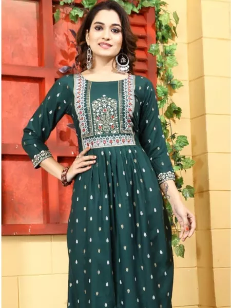 Green Plus Size Rayon Kurta With Foil Print and Embroidery Mirror Work