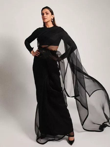 Deepika Padukone Saree in Black Color Bollywood Saree With Nylon Organza