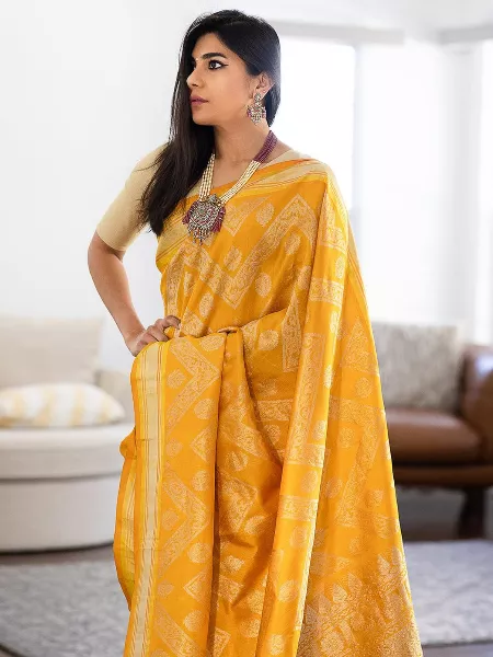 Yellow Color Haldi Ceremony Saree for Indian Wedding With Soft Lichi Silk and Blouse
