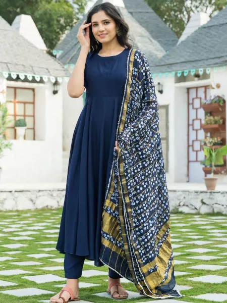 Blue Plus Size Kurta Pant Set With Original Bandhani Dupatta