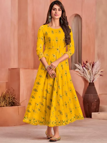 Yellow Color Plus Size Gown in Anarkali Style Rayon With Foil Print