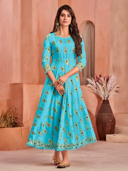 Sky Blue Color Plus Size Gown in Anarkali Style Rayon With Foil Print