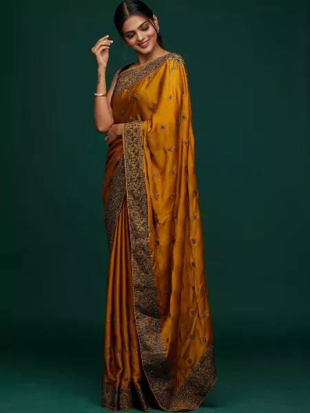 Mustard Soft Rangoli Silk Saree With Thread and Stone Work
