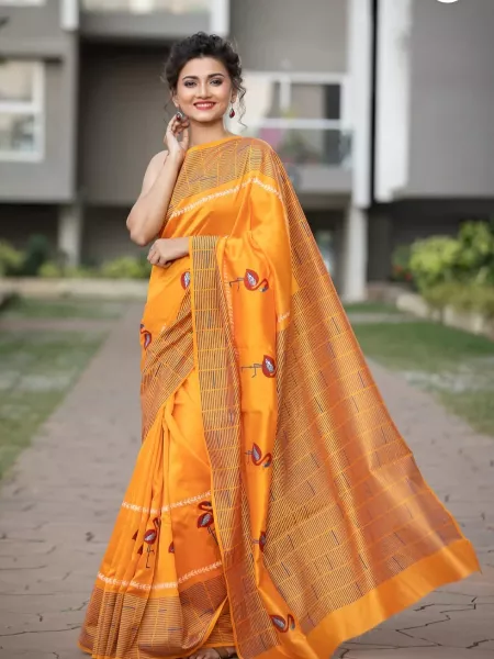 Orange Soft Cotton Handloom Silk Saree With Ajrakh Print Rich Contrast Pallu