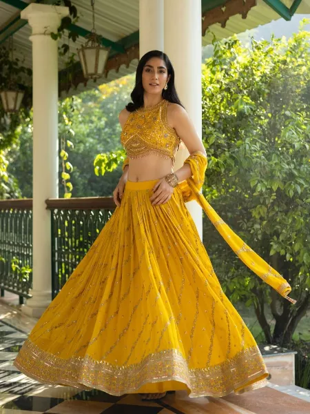 Yellow Color Haldi Lehenga Choli in Georgette With Sequence Embroidery Work